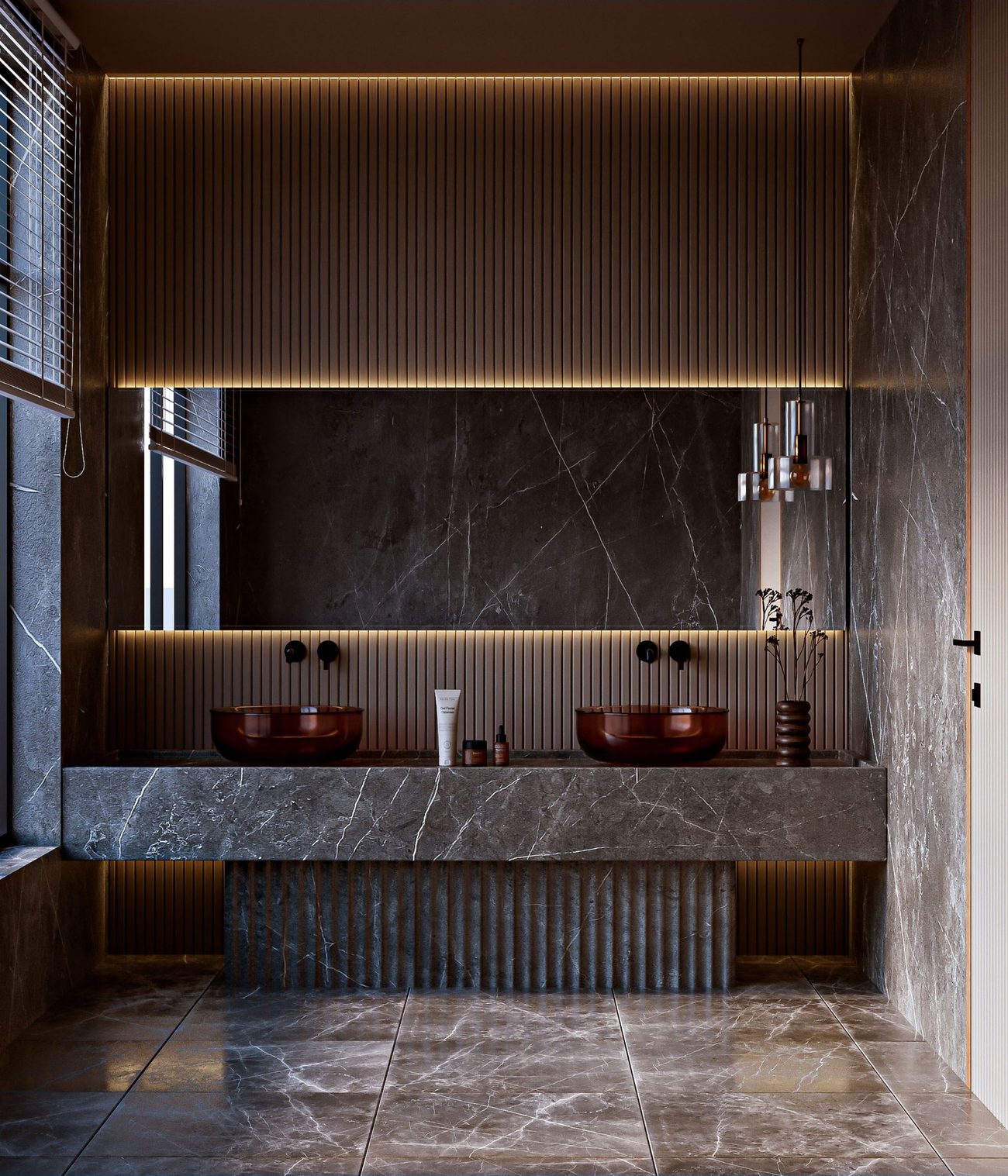 Reference image: a bath in stone and fluted timber with integrated lighting